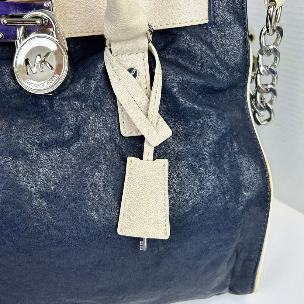 Michael Kors Hamilton East West Tote Shoulder Bag Navy Cream Leather Lock & Key
